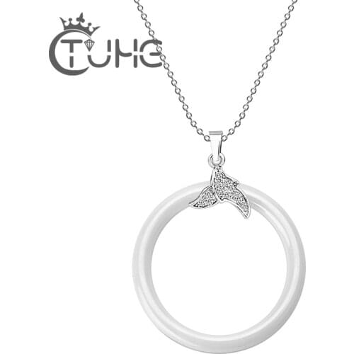 Women Accessories Exquisite Ceramic Pendant Necklace Bling Crystal CZ Chain Circle Necklace Long Strip Necklaces Fashion Jewelry