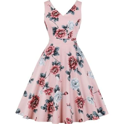 2019 New Floral Print Pink Summer Vintage Dress Women Retro A Line V neck Sleeveless Dress Elegant Party Vestidos Office Dresses
