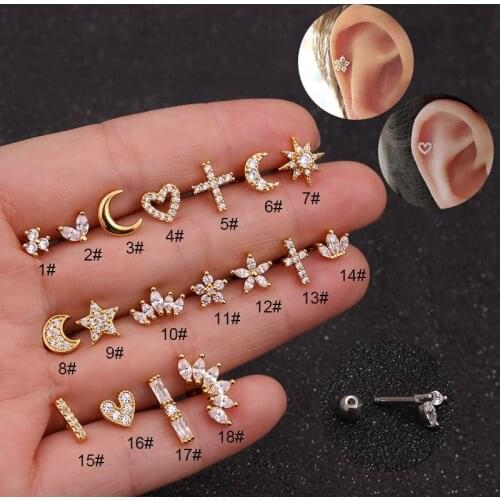 1PCS Flower Heart Cross CZ Stud Piercing Moon Star Cartilage Earring Conch Tragus Stud Helix Cartilage Piercing Jewelry 1.2MM