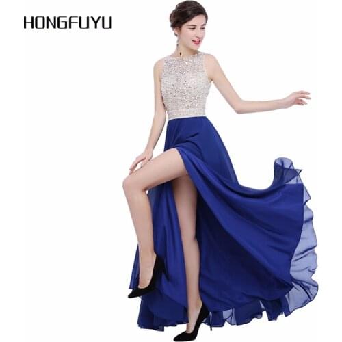 Shining Beading A Line Chiffon Boat Neck Long Evening Dresses 2019 Sleeveless High Slit Floor Length Evening Dress HFY110801