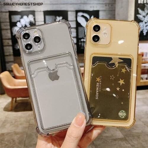Transparent Card Slot Bag Phone Case For iPhone 11 12 Pro Max XR XS Max X 7 8 Plus 12 Mini Shockproof Bumper Soft TPU Back Cover