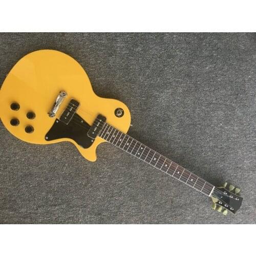 Customized body and headstock shape 6 string electric guitar solid body,solid yellow finish, with black pickguard,p90 pickups