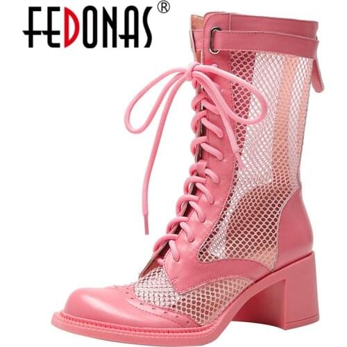 FEDONAS Sweet Platform Ankle Boots 2021 Fashion Cross Tied Chunky Heels Shoes Woman Genuine Leather Party Wedding Summer Boots