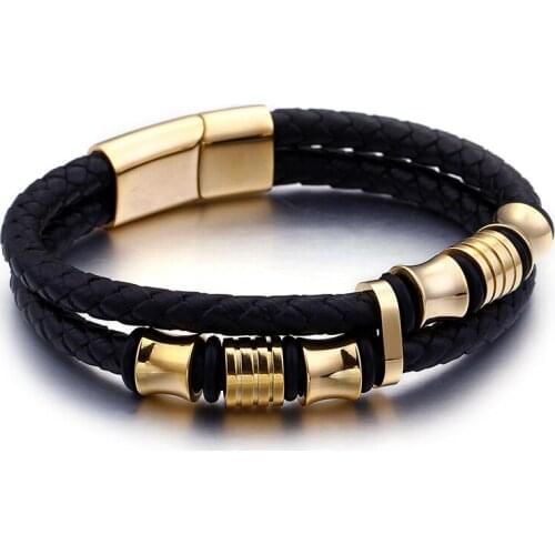 GNAYY Euramerican Black multilayer Genuine leather Stainless steel gold /black Clasp bangle bracelet 14mm 8.66