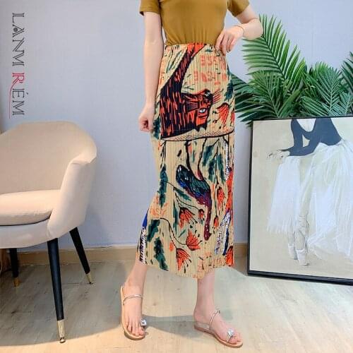 LANMREM Pleated Printing Skirt For Women 2021 Summer Autumn Yellow Straight Female Fashion Tide Casual Skirts 2C2034