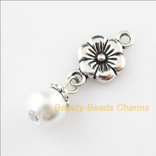 Fashion 18 New Flower Charms White Glass Beads Pendants Tibetan Silver Color 10x30mm