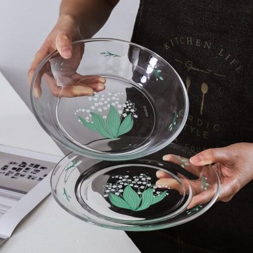 New Snack Plate Lily of the Valley Flower Tempered Glass Plate Girl Heart Dessert Plate Vegetable & Fruit Plate Salad Bowl Plate
