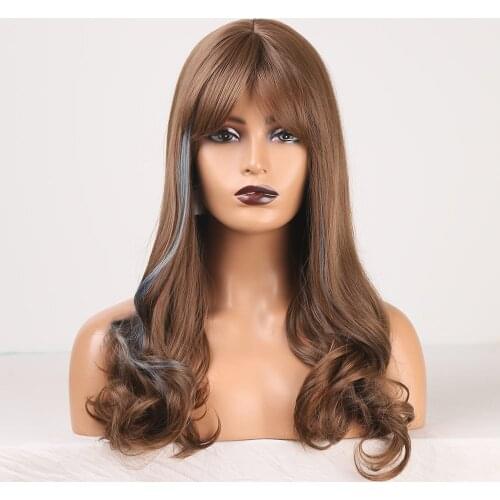 Blonde Body Wave Wig Two Tone Color with Bangs High Quality Synthetic Hair Wig Heat Resistant Fiber Hair