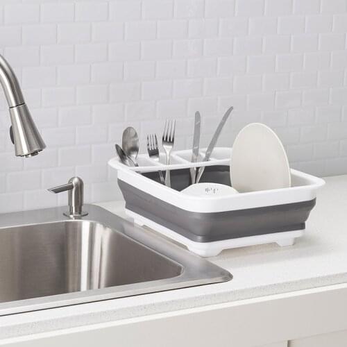 TPR Plastic Kitchen Easy Storage Basket Space Save Collapsible for Drying Dish Rack and Drainer with Cutlery Holder