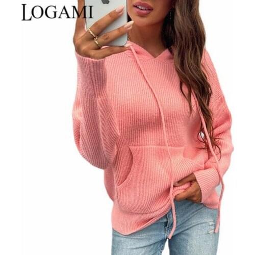LOGAMI Thick Hooded Sweater Womens Solid Color Pocket Knitted Pullover Woman Autumn Winter Casual Jumper Knitted Pullovers