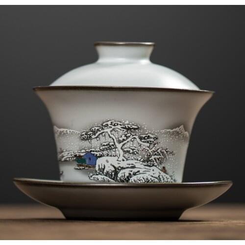 Ru Kiln Can Raise Ceramic Single Cover Bowl Tea Gracked Glaze Simple Antique Kung Fu Cup Three-Force Cover Bowl Tea Set Gaiwan