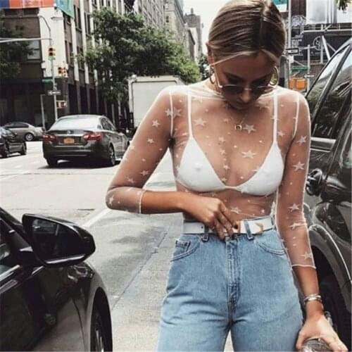 Sexy Star Print Shirts Women Mesh Net Shirt Long Sleeve Solid Tops Transparent Slim White Tops Short Clothes Wear