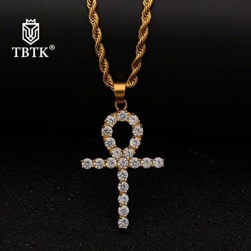 TBTK Egyptian Ankh Key of Life Pendant Necklace Beautiful Cross Pendant Jewelry Costume Necklaces for Hiphop Man Shining Zircon