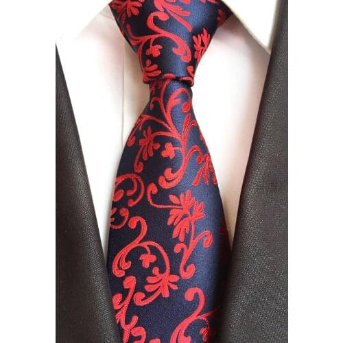 Unique Design 8cm Mens Woven Tie Luxury Silk Necktie Navy Blue with Red Floral Gravata