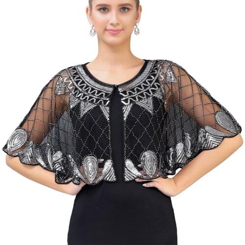 Womens 1920s Shawl Beaded Sequin Deco Evening Cape Bolero Flapper Cover Up See-through Scalloped Hem Party Shawl