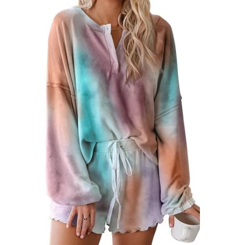 Womens Pjamas Sets Tie Dye Printed Ruffle Short Pajamas Set Long Sleeve Tops and Shorts PJ Set Loungewear Nightwear Sleepwear