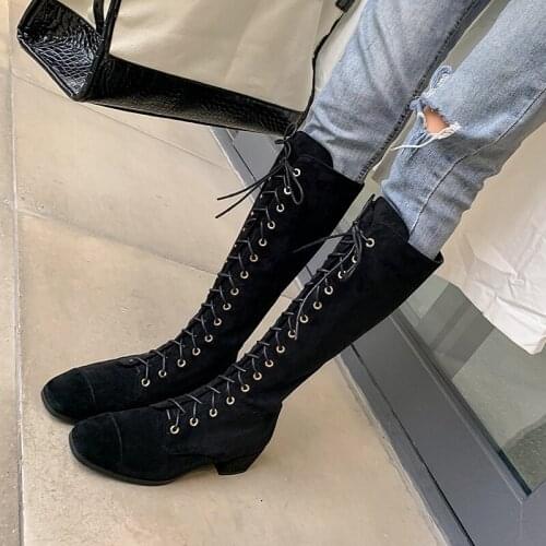 2021 Women Knee High Boots Party Dancing Shoes Woman Genuine Leather Heels Autumn Winter Fashion Riding Boots