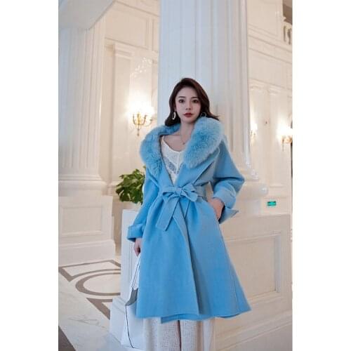 Oversize 100% Wool Women Trench Autumn Fashion Ladies Outwear Cashmere Coat Belt With Fox Fur Collar Long Winter Jacket