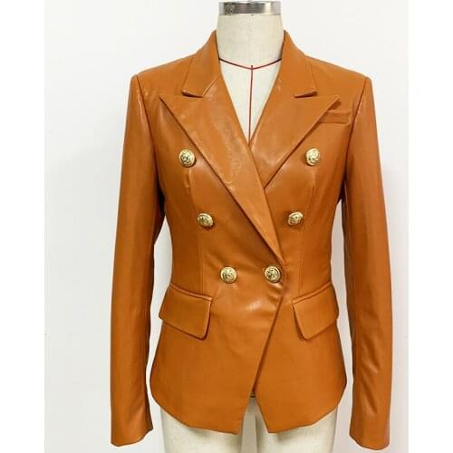 High Quality Newest Vogue Nice Designer Style Womens Double Breasted Lion Buttons Synthetic Leather Blazer Jacket Brown