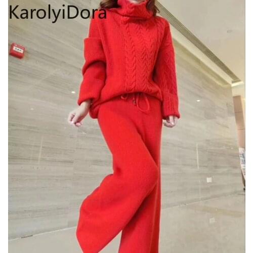 Womens suit Fashion Women Wool Knitting Suit Casual Thickening turtleneck sweater and Wide Leg Pants 2 Piece Outfits for Women