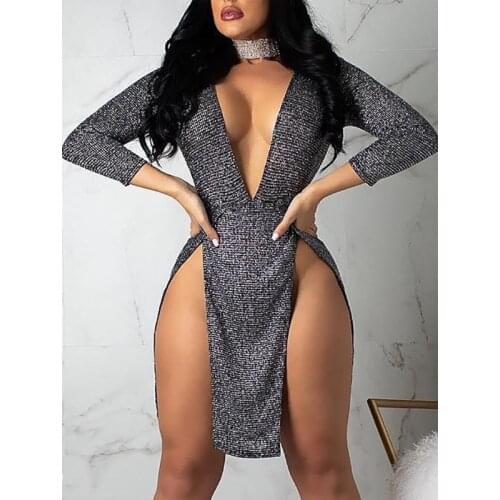 Women high side split sexy night clubwear short dress femael long sleeve low cut deep v neck bodycon slim fit party wear dress