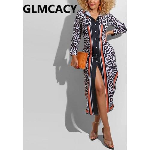 Women Long Sleeve Button Down Shirt Dress Elegant Leopard Midi Dresses