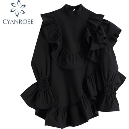 Womens Dress Solid Color Long Sleeve Shirt Dress Irregular Ruffle Pleated Flare Sleeve Casual Short Dress Lady 2021 Autumn New