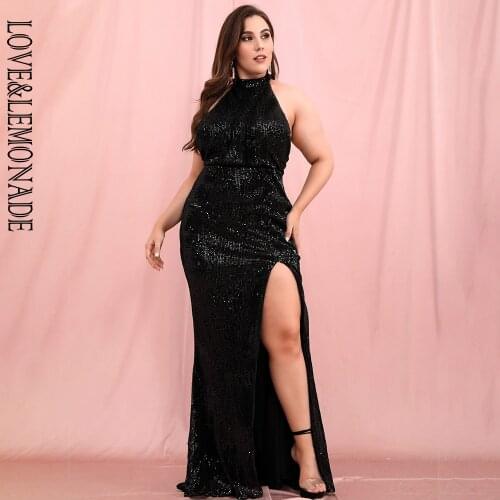 LOVE&LEMONADE PLUS SIZE Sexy Black Halter Neck Open Back Elastic Sequin Whit Split Maxi Dress LM80492-1PLUS
