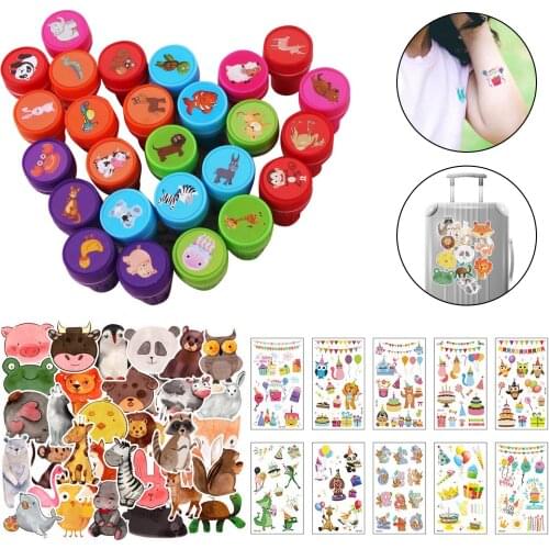 10 Sheet Tattoo Stickers + 50 Sheet PVC Stickers + 26PCS Stamps for Birthday Festival Animal Theme Party Favors Supplies