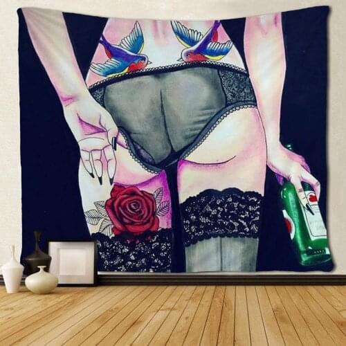 American Sexy Women Drink Wine with Tattoo Tapestries Unique Art Custom