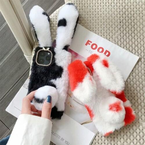 Cute 3D Rabbit Hair Plush Case For iPhone 12 11 Pro Max SE 2020 X 10 6 6s 7 8 Plus XR XS Max Winter Warm Furry Fluffy Phone Case