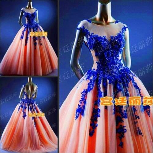 Cap sleeve royal blue lace appliques pink tulle long Prom Dresses ball gown 2015 new hot vestidos sexy backless beading weddings