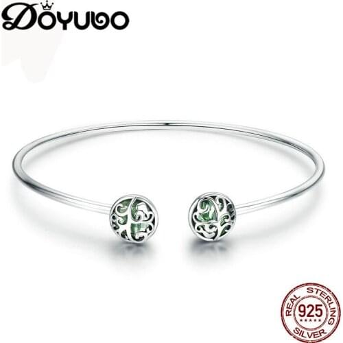 DOYUBO Classical Women Real 925 Sterling Silver Life Tree Bangles With Green Glass Stone Luxury Silver Bracelet Jewelry AE015