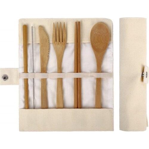 Dropshipping 7PCS Eco-friendly Wooden Cutlery Set Bamboo Straw Set With Cloth Bag Knives Fork Spoon Chopsticks Travel