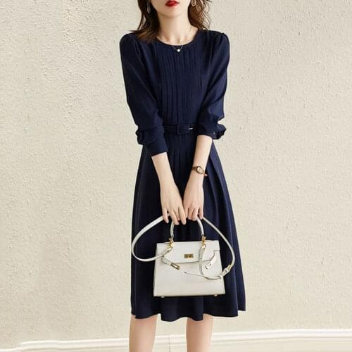 Elegant Dresses For Women Autumn Japanese Round Neck Solid Color Long Sleeve A-line Dress Temperament High-end Ladies Clothing