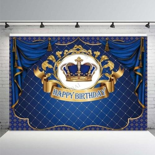 Blue Curtain Prince Crown Photographic Background Boy Happy Birthday Party Baby Shower Customize Photography Backdrop For Studio