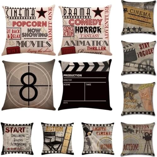 Hot Sale Retro Movie Production Film Letters Cushion Cover Postage Stamp Linen Decorative Pillows Sofa Chair Throw Pillows Case