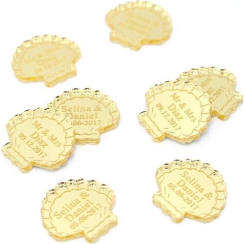 50x Personalized Wedding Engraved Couple Name Customize Mirror Beach Shell Shape Decor Fashion Beach Party Table Confetti Favors
