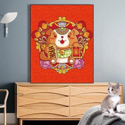 Chinese Style Canvas Painting Calligraphy Cartoon Mouse Zodiac Poster Prints Wall Art Decor Picture for Living Room Bedroom