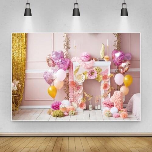 Laeacco Fireplace Paper Flower Gold Curtain Pink Balloon Baby Portrait Birthday Backdrop For Photography Background Photo Studio