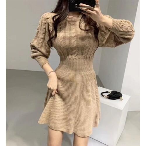 Fashion Autumn and Winter Knitted Dress Female Twist Pattern Umbrella Pleated Elegant Thick Lantern Sleeve Mini Sweater Dress