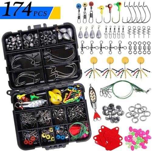 174Pcs/Box Fishing Accessories Tackle Kit With Jig Worm Hooks Sinker Weights Swivels Snaps Split Rings For Freshwater Saltwater