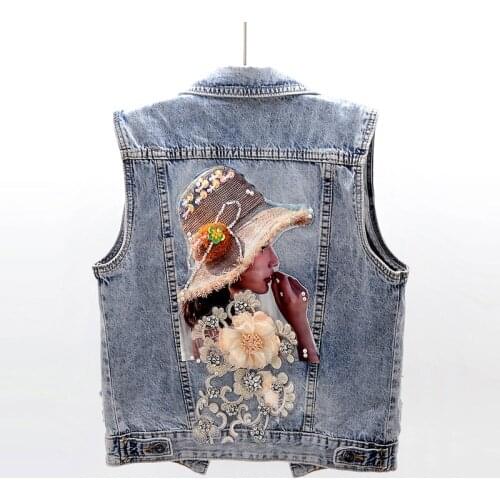 2020 NEW women sleeveless denim vests crystal beading 3d flowers beauty woman print jean waistcoat street casual JC207