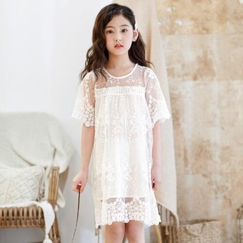 2021 Summer Cotton Net Yarn Lace Girls Dresses Kids Skirt Children Clothing 3-14 Years Old White Princess Dress