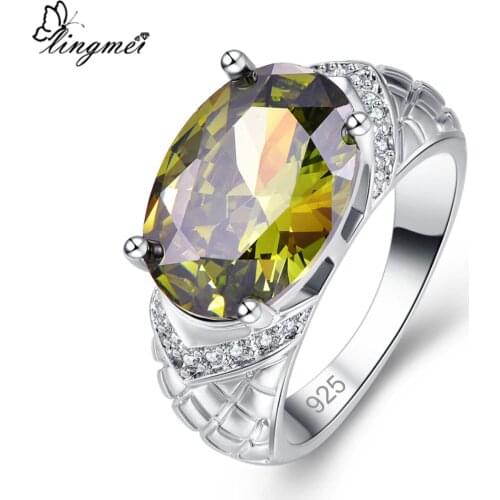 Lingmei Original Dazzling Female Jewelry Wholesale Oval Yellow Olive Green Zircon Silver Color Ring Size 6-9 Women Jewelry