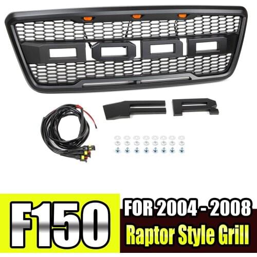 For 04-08 Ford F150 Raptor Style Black ABS Front Hood Grille Conversion with Amber LED Lights and Letters