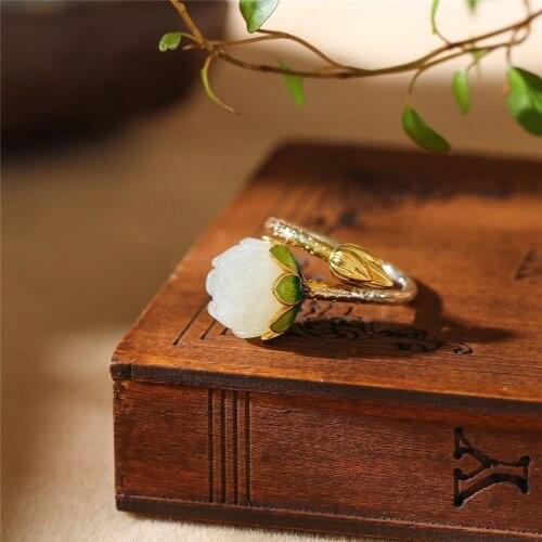 [Summer Love] Chinese Style National Trendy Style Retro Elegant Burning Blue Hetian Jade Lotus Flower Lotus Seedpod S925 Silver