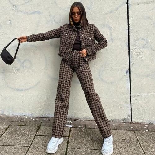 Zoulv 2020 Street Plaid Autumn and Winter New Fashion Houndstooth Lapel Cardigan Jacket Straight Trousers Casual Suit Women