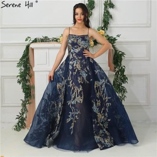 Navy Blue Spaghetti Straps Embroidery Evening Dresses 2020 New Design Long Formal Dress Party Vestido De Festa BLA6685