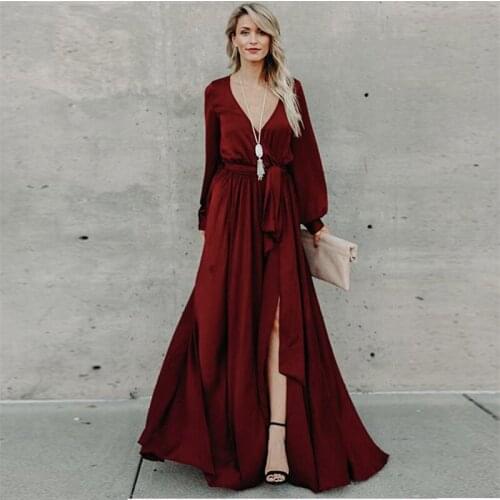 Spring Long Solid Color Dress with V-neck Split Lantern Sleeves and Large Swing Dress